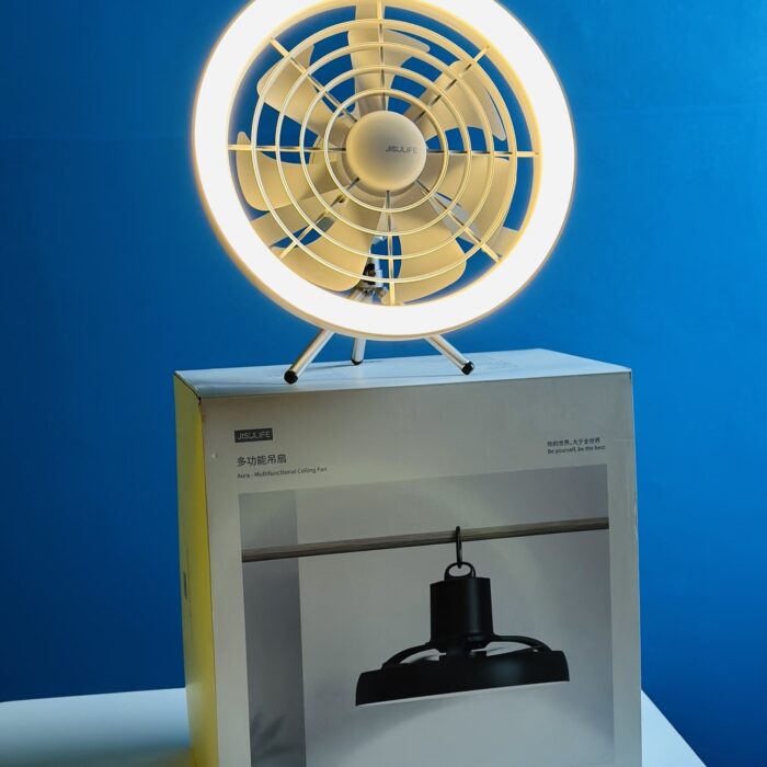 JISULIFE FA17 Rechargeable Fan with LED Ceiling Fan with Long Tripod Stand- White Color