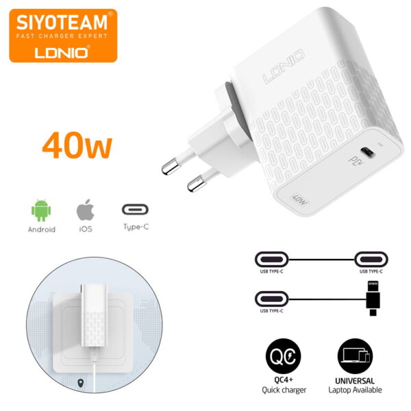 LDNIO 40W Type-C PD Fast Charging Foldable Power Adapter (A1405C) – White Color