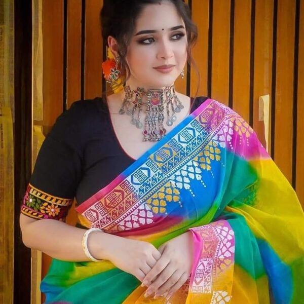 রংধনু আফসান প্রিন্টের হাফ সিল্ক শাড়ি - 28937