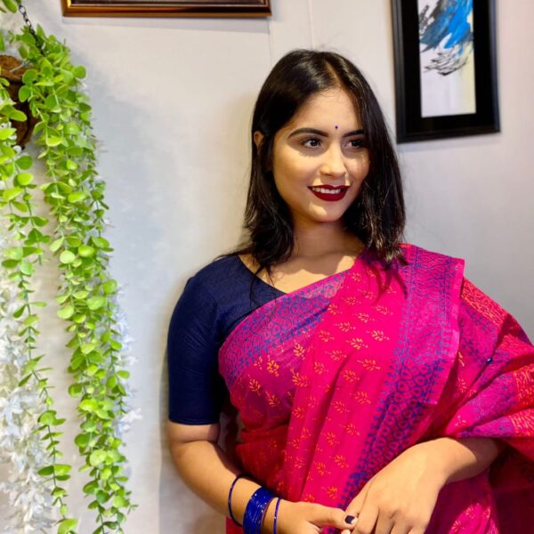 হাফ সিল্ক ব্লক প্রিন্ট শাড়ি ব্লাউজ পিস সহ - 28590