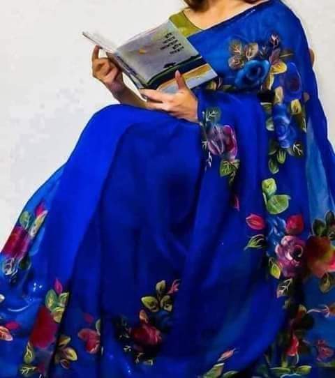 হাফসিল্ক শাড়ীতে  হ্যান্ডপ্রিন্ট তুলির কাজ করা - 31291