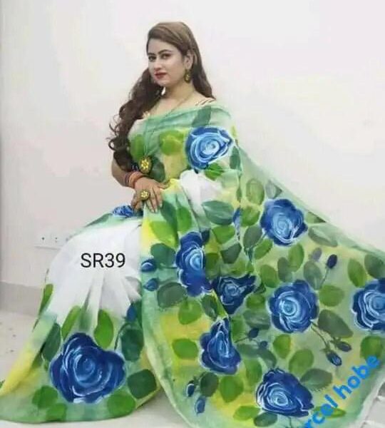 হাফসিল্ক শাড়ীতে  হ্যান্ডপ্রিন্ট তুলির কাজ করা - 31283