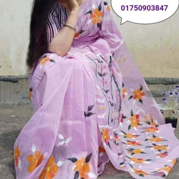 হাফসিল্ক শাড়ীতে  হ্যান্ডপ্রিন্ট তুলির কাজ করা - 31215