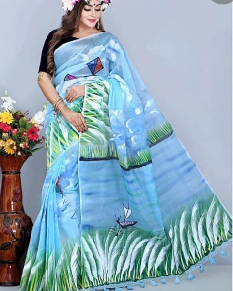 হাফসিল্ক শাড়ীতে  হ্যান্ডপ্রিন্ট তুলির কাজ করা - 31176