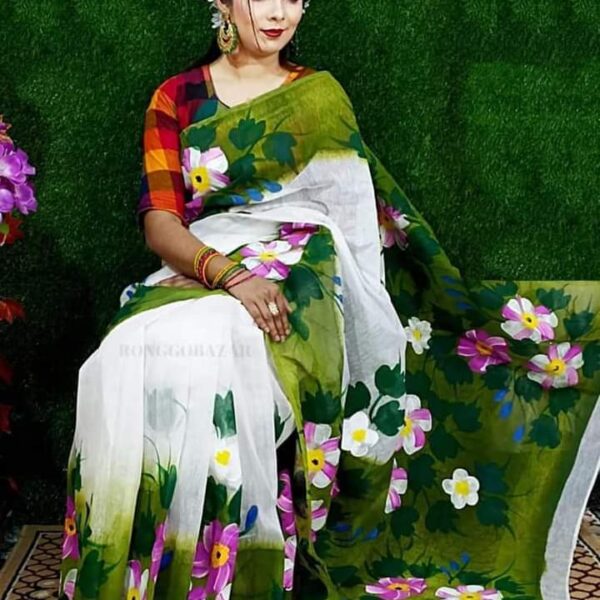 হাফসিল্ক শাড়ীতে  হ্যান্ডপ্রিন্ট তুলির কাজ করা-31095