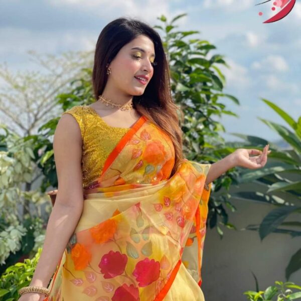 হাফসিল্ক শাড়ীতে  হ্যান্ডপ্রিন্ট তুলির কাজ করা-31100