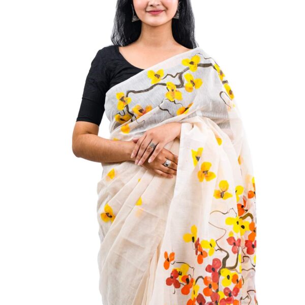 হাফসিল্ক শাড়ীতে  হ্যান্ডপ্রিন্ট তুলির কাজ করা-31101