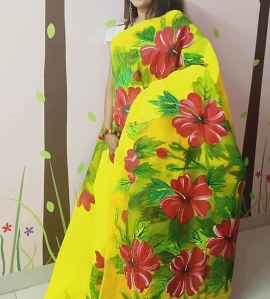 হাফসিল্ক শাড়ীতে হ্যান্ডপ্রিন্ট তুলির কাজ করা-31021