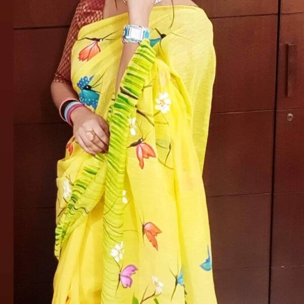 হাফসিল্ক শাড়ীতে হ্যান্ডপ্রিন্ট তুলির কাজ করা