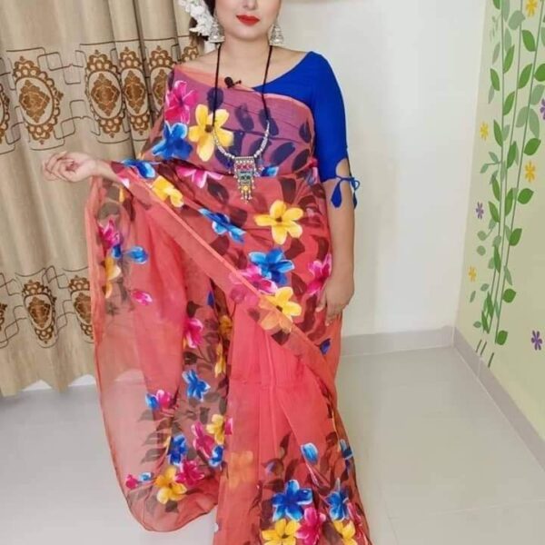 হাফসিল্ক শাড়ীতে হ্যান্ডপ্রিন্ট তুলির কাজ করা-30913