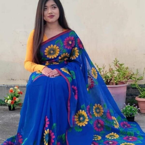 হাফসিল্ক শাড়ীতে হ্যান্ডপ্রিন্ট তুলির কাজ করা-30917