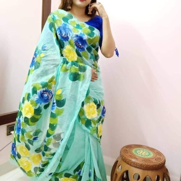 হাফসিল্ক শাড়ীতে হ্যান্ডপ্রিন্ট তুলির কাজ করা-30915