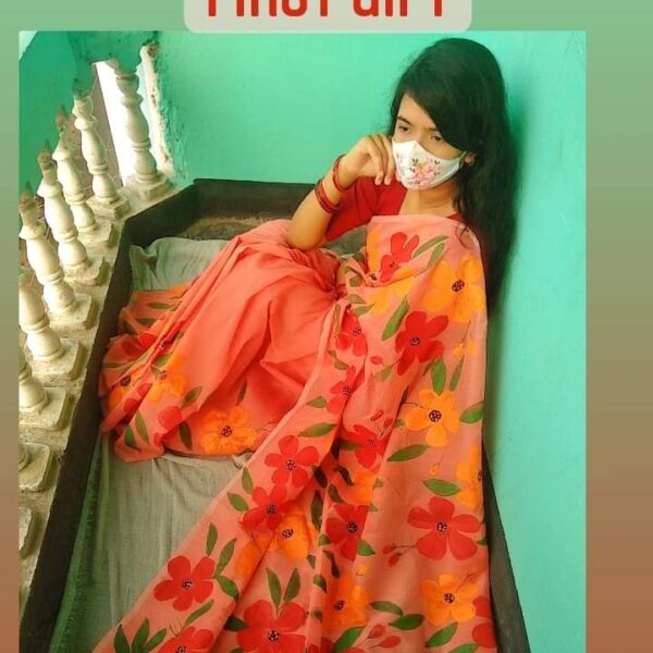 হাফসিল্ক শাড়ীতে হ্যান্ডপ্রিন্ট তুলির কাজ করা