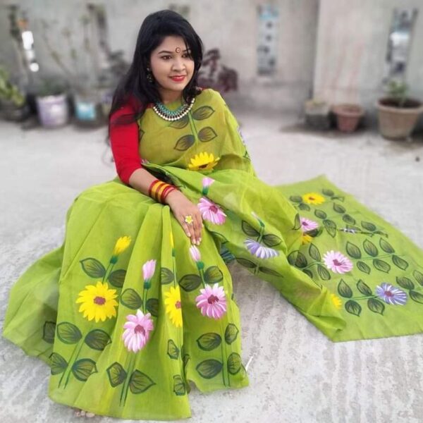 হাফসিল্ক শাড়ীতে হ্যান্ডপ্রিন্ট তুলির কাজ করা-30825
