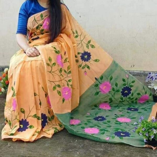 হাফসিল্ক শাড়ীতে হ্যান্ডপ্রিন্ট তুলির কাজ করা-30823