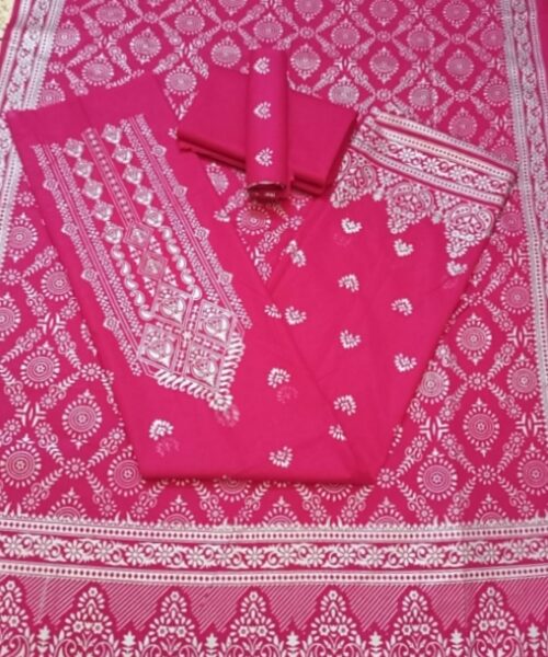 কাতান স্ক্রিন প্রিন্ট থ্রি পিস (সাদা গ্লিটার)-40073