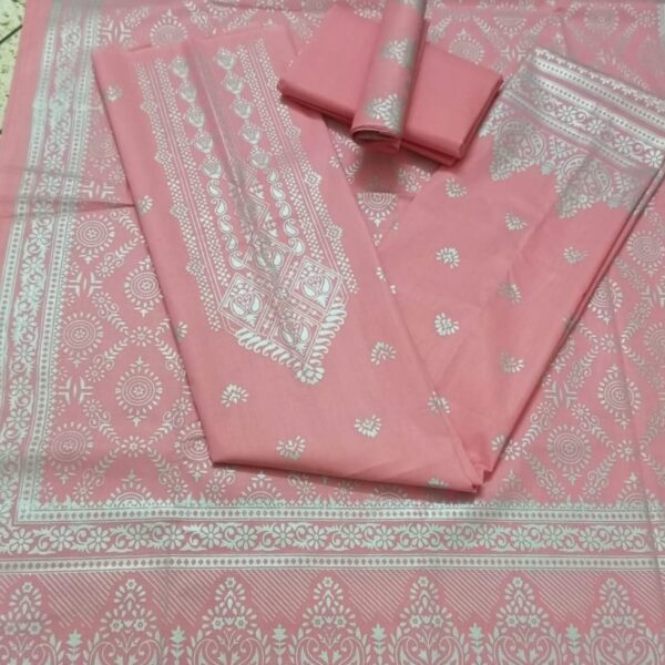কাতান স্ক্রিন প্রিন্ট থ্রি পিস (সাদা গ্লিটার)-40079